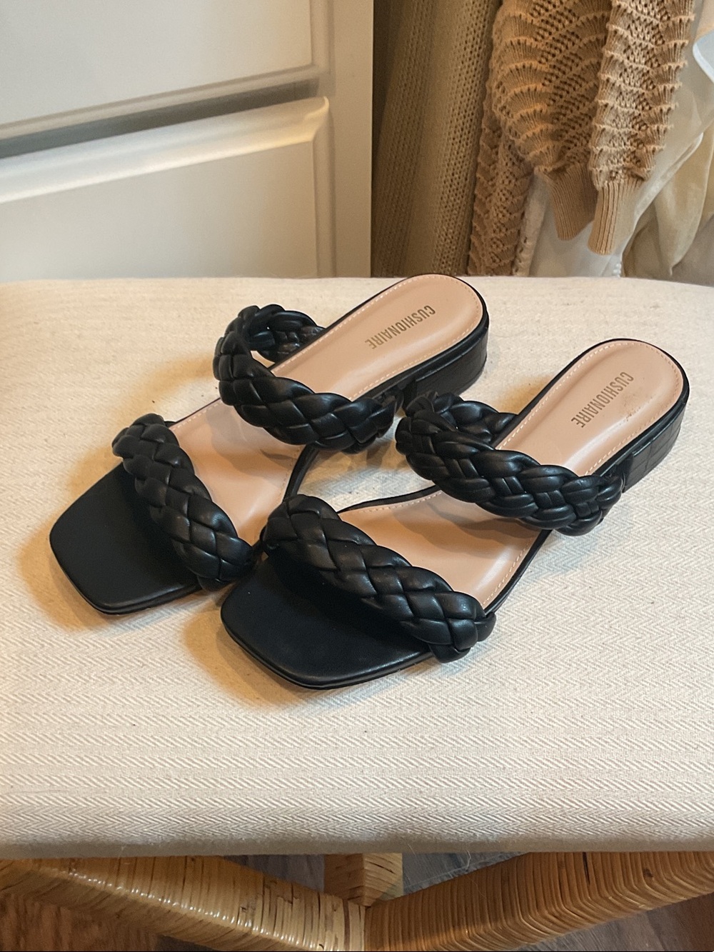 Braided Double-Strap Black Leather Slide Mules